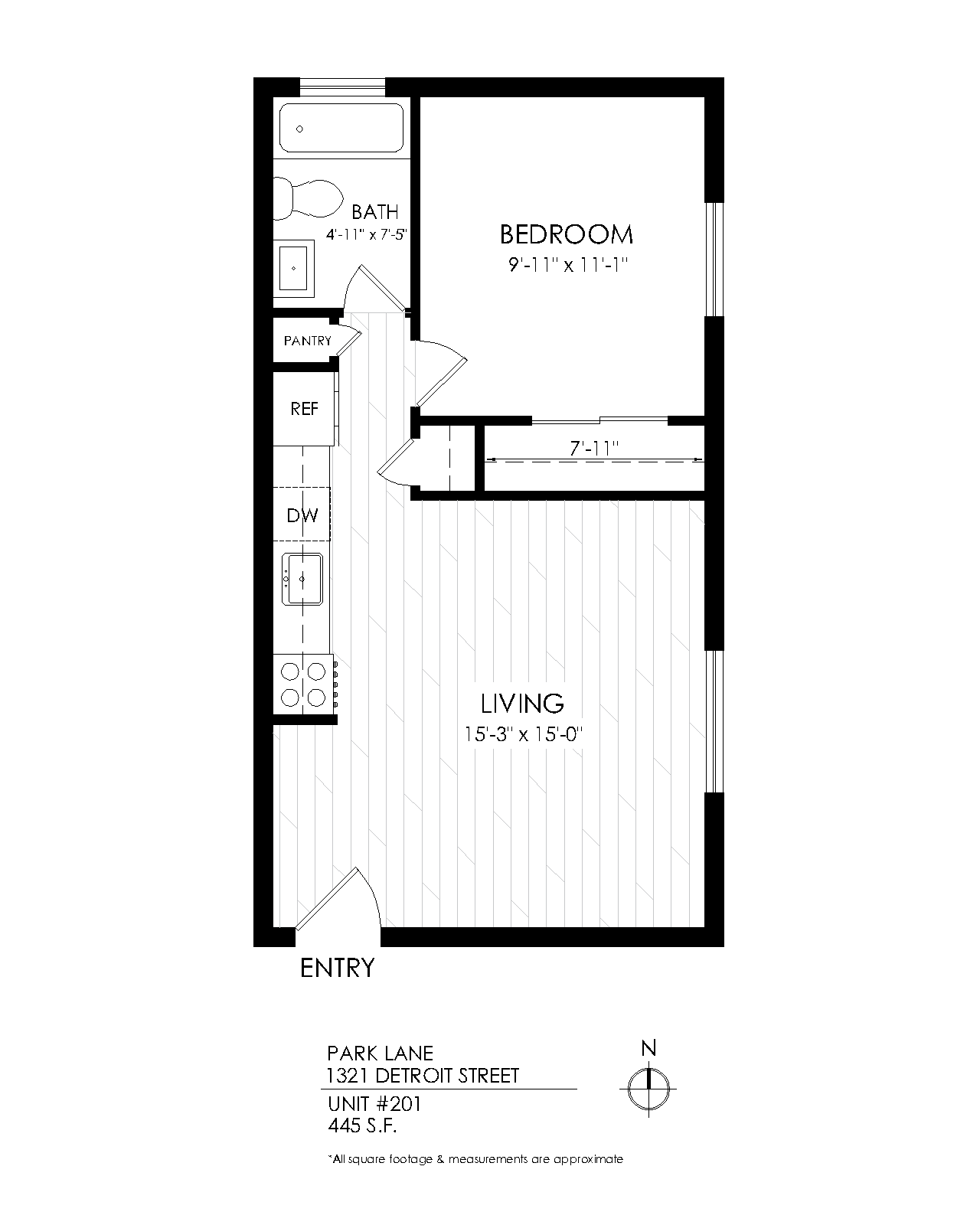 Floor plan for 1 bed, 1 bath, 450 sqft